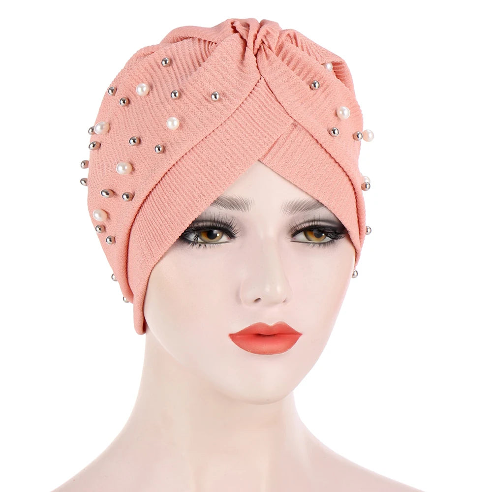 1PC Women Turban Hat Elastic Hijab with Beads Cancer Chemo Cap Head Wrap for Hair Loss