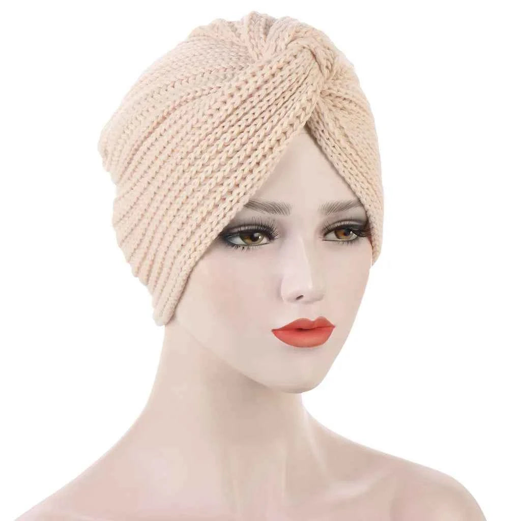 Muslim Fashion Imitation Cashmere Turban Caps for Women Bohemian Style Hijab Caps Indian Hat Solid Color Ladies Knitted Cap