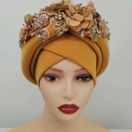 Beaded Nigeria Gele Ready African Headtie Female Head Wraps Party Headpiece Muslim Headscarf Hat Women's Turban Cap with Stones