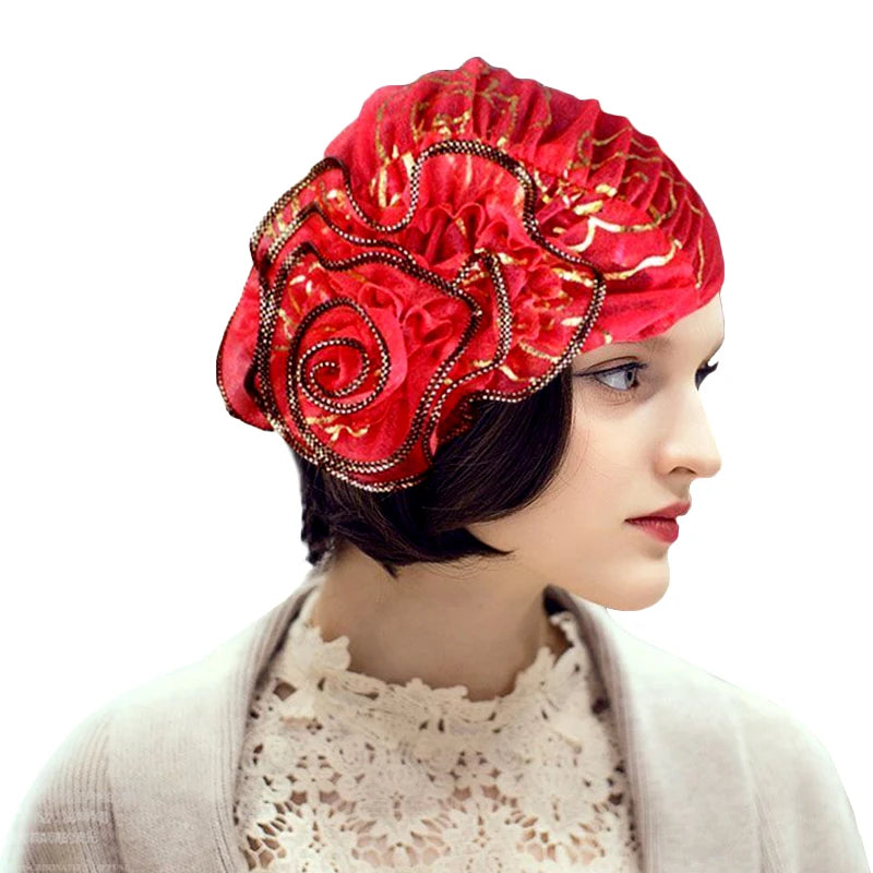 Muslim Islamic Bronzing Flower Elastic Turban Women's Hat Beanie Head Scarf Wrap Chemo Cap Casual Hair Bonnets Hijab Caps - NamafadStore