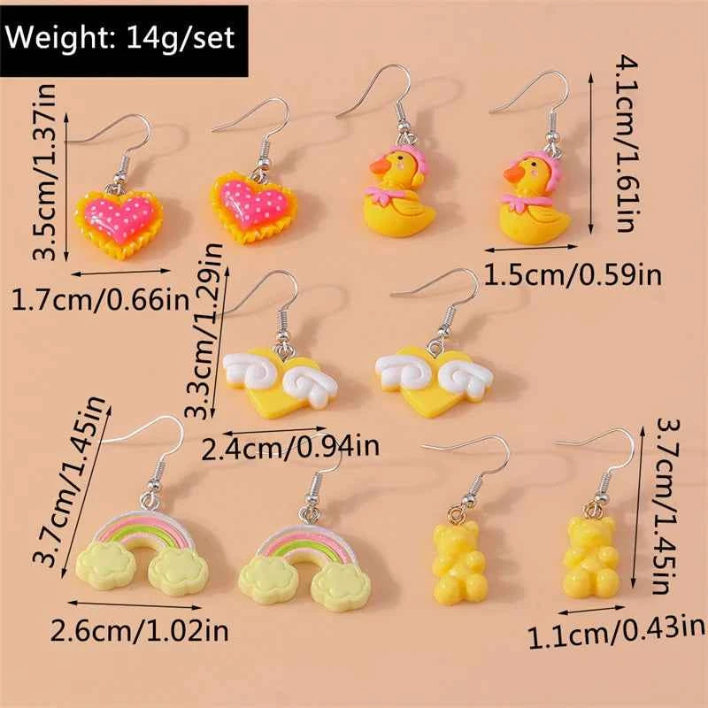 5Pairs/Set Fashion Flower Drop Earrings for Women Resin Heart Animal Dangle Hooks Earrings Girls Party Holiday Jewelry Gifts
