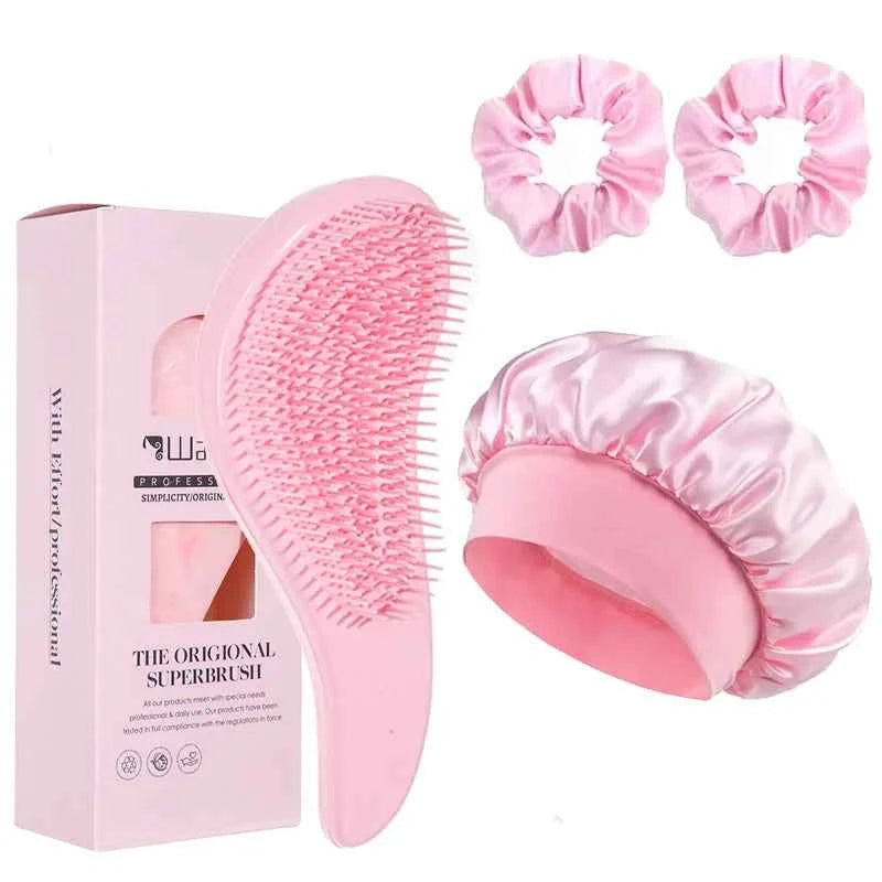 2/4Pcs Hair Care Set Scalp Massage Detangling Comb + Satin Sleep Cap + 2 Hair Scrunchies, Anti-Frizz Hair Accessories for Women