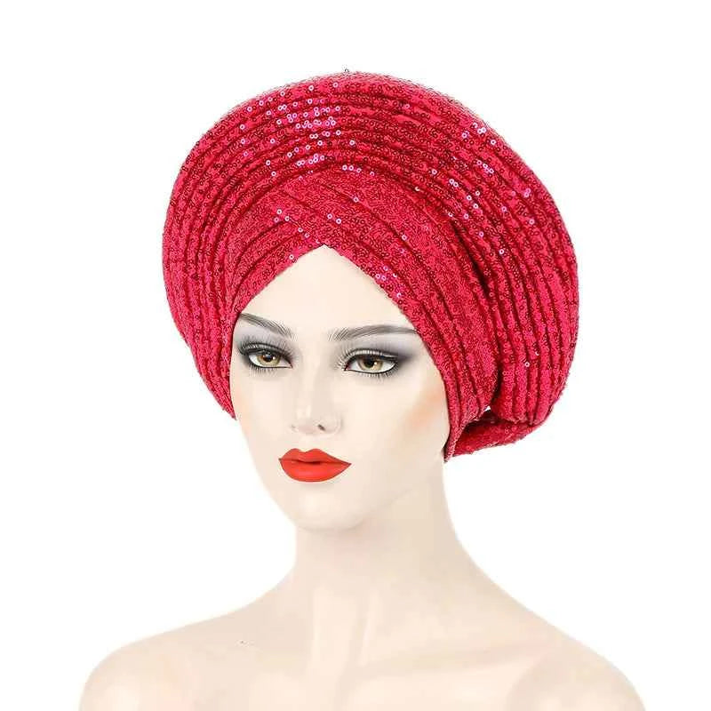 2025 Sequins Turban Chemo Cap for Women Ready to Wear African Auto Gele Headtie Nigeria Wedding Geles Female Head Wrap Headpiece