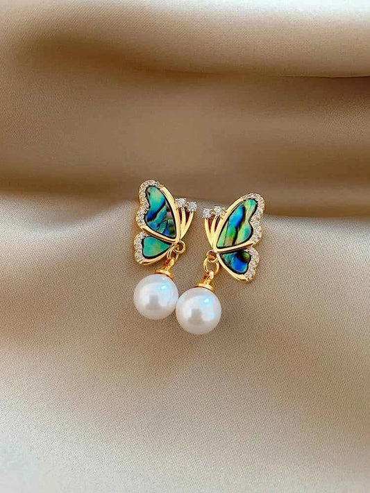 Korean new fashion jewelry 14K gold plated natural shell butterfly zircon pearl earrings elegant women's daily work accessories