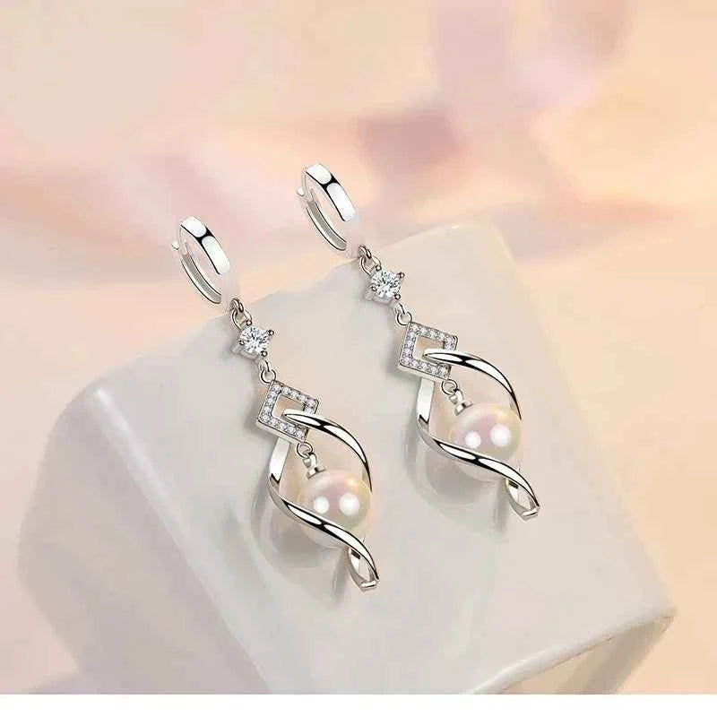 925 Sterling Silver Crystal Zirconia Natural Pearl Earrings, Women's Fashion Gorgeous Wedding Engagement Party Jewelry