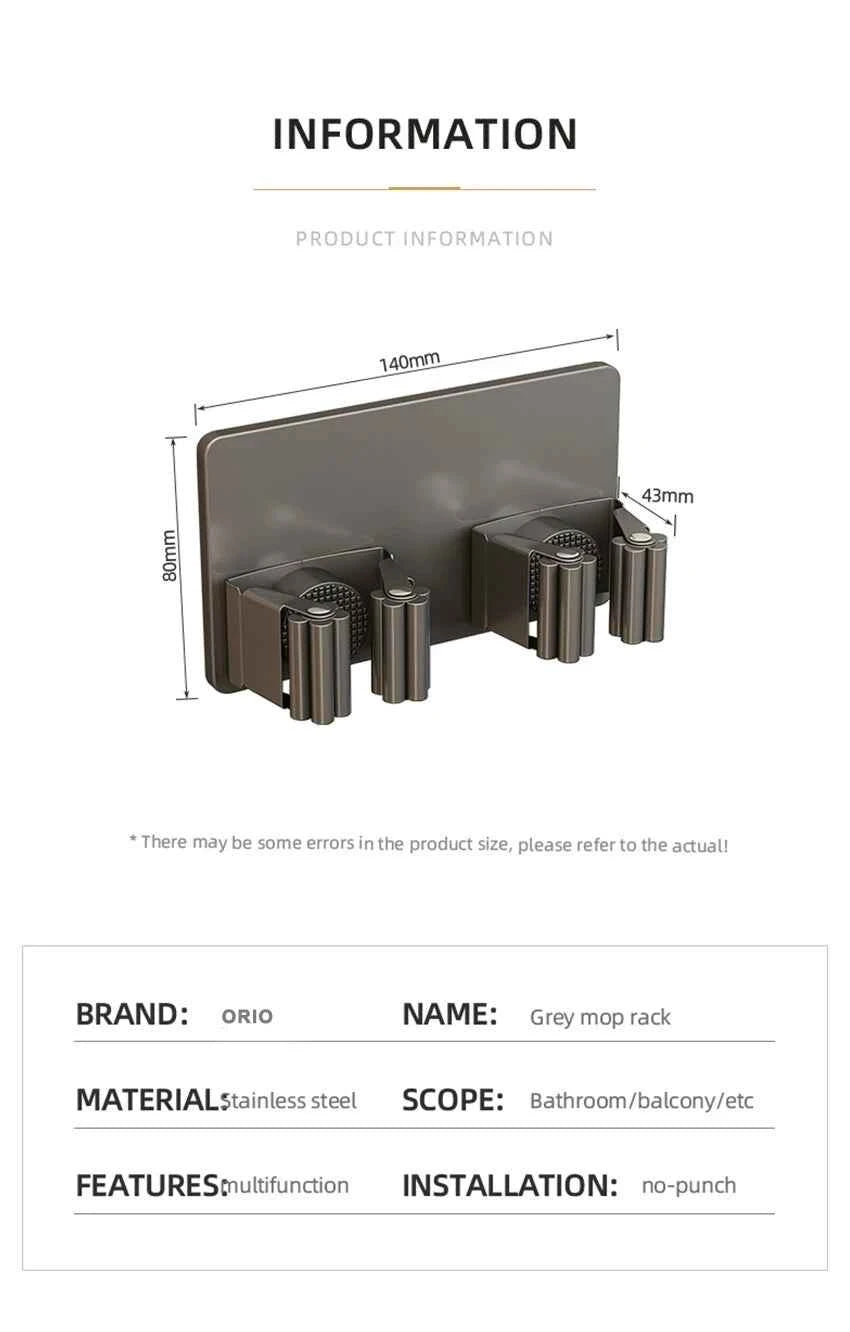 304 Stainless Steel Mop Holder Wall Mounted Adhesive Multi-Purpose Hooks Household Storage Organizer Rack Broom Hanger Stick