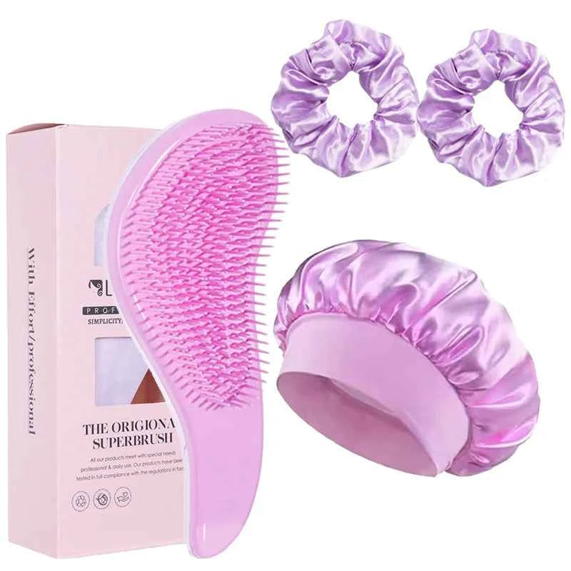 2/4Pcs Hair Care Set Scalp Massage Detangling Comb + Satin Sleep Cap + 2 Hair Scrunchies, Anti-Frizz Hair Accessories for Women
