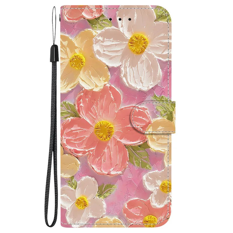 Elegant Colored Flower Wallet Phone Case For iPhone 15 14 Plus 13 Mini 15Pro Pro Max Magnetic Flip Leather Cover Cute 3D Pattern