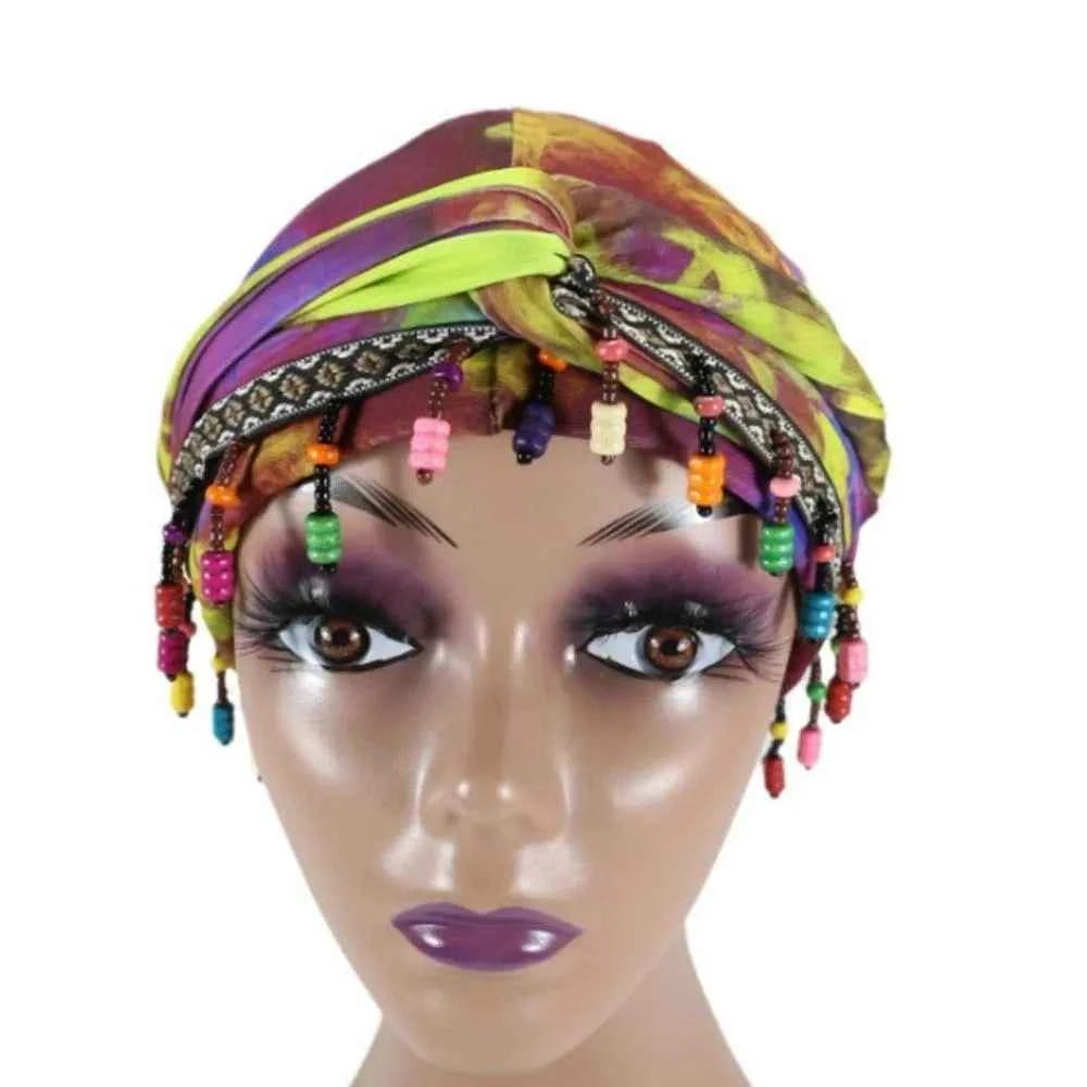Bonnet Hat Elastic Colorful Beaded Headscarf Breathable Hijab Pre-tie Head Wraps Dome Indian Style Jacquard Pullover Cap Gifts