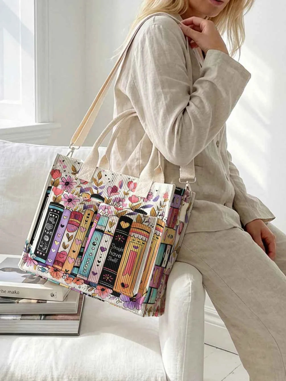 Colorful Books & Flowers Print Corduroy Tote Bag Large Capacity Multi Pocket Commuter Shoulder Bag