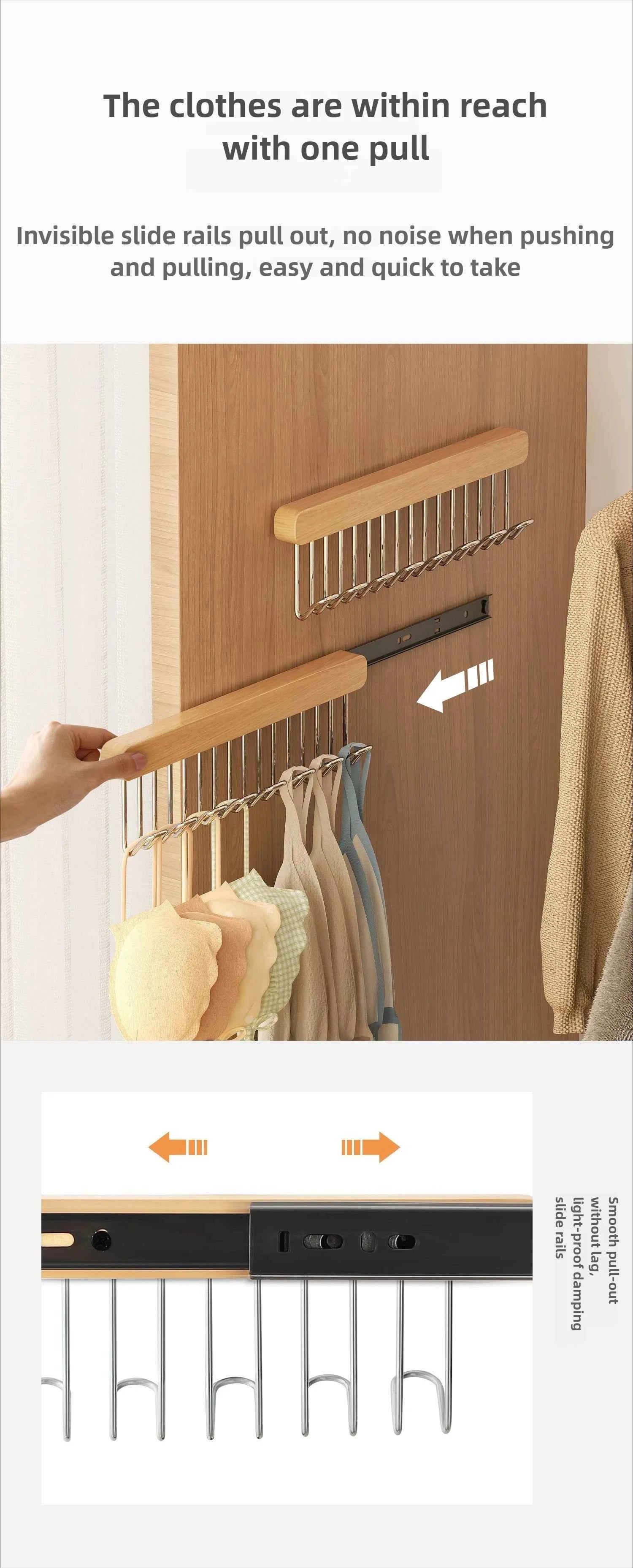 8/12 Hooks Retractable Wood Clothes Hanger Multi-functional Bra Storage Hanger Wall-mounted Wardrobe Hanger Clothes Organizer
