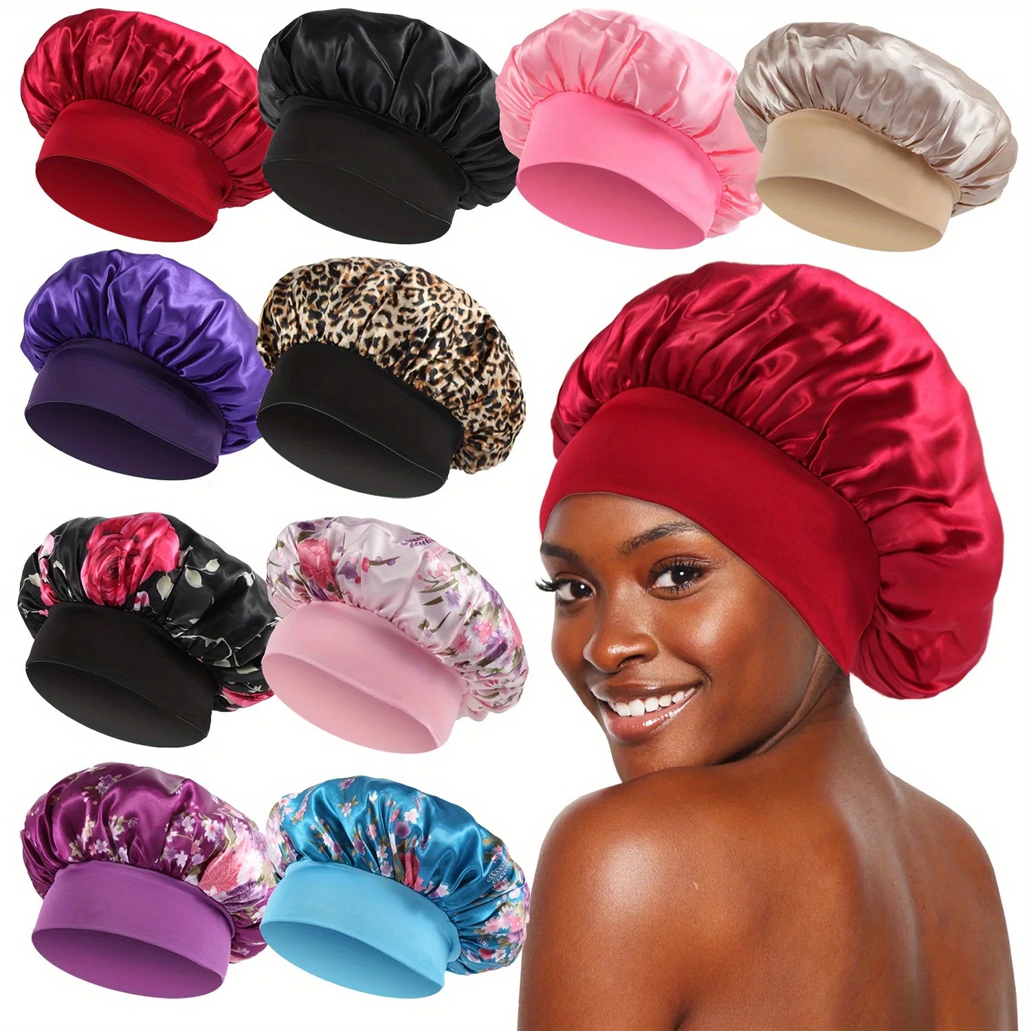 10PCS Women Satin Bonnet Elastic Wide Band Night Sleep Hat Solid Floral Printed Soft Silk Cap Set Beauty Salon Hair Care Hats - NamafadStore