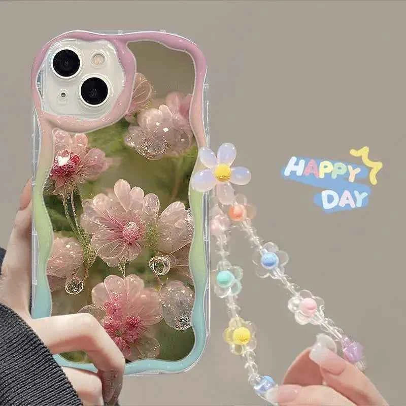 Phone Case For iPhone 17 16 15 Pro Max 14 11 13 12 Mini Plus 16E 17 Air IPhone17 Back Cover Flower Bracelet Wrist Chain Strap