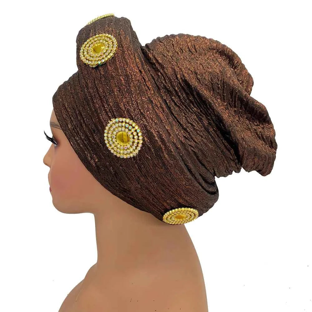 Already Made African Headtie Glitter Diamonds Women's Turban Cap Female Head Wraps Nigeria Wedding Auto Geles Party Headwear Hat