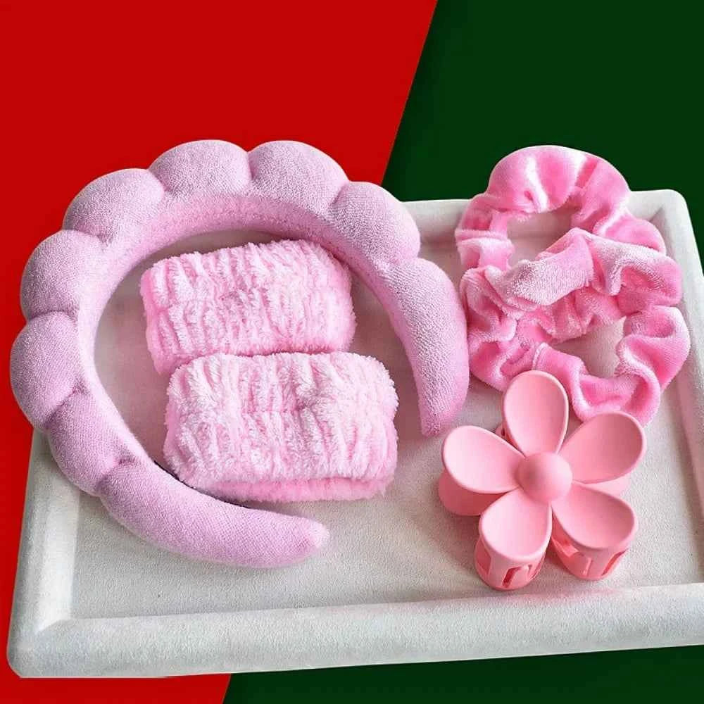 1/6Pcs Women Spa Hairband Puffy Sponge Headband Flower Hair Clip Wristbands Scrunchies for Washing Face Makeup Shower Skincare