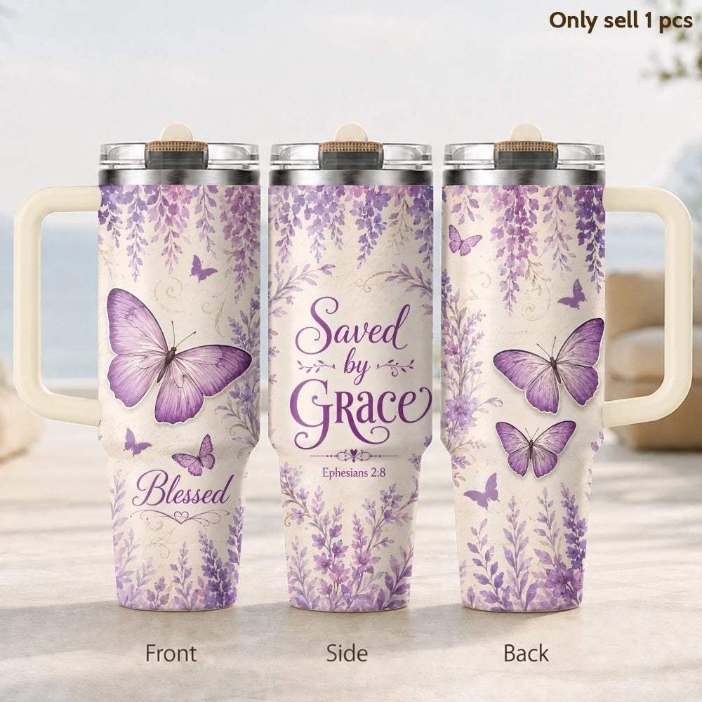 Purple Butterfly 40oz Tumbler – Floral Stainless Steel Insulated Cup with Straw