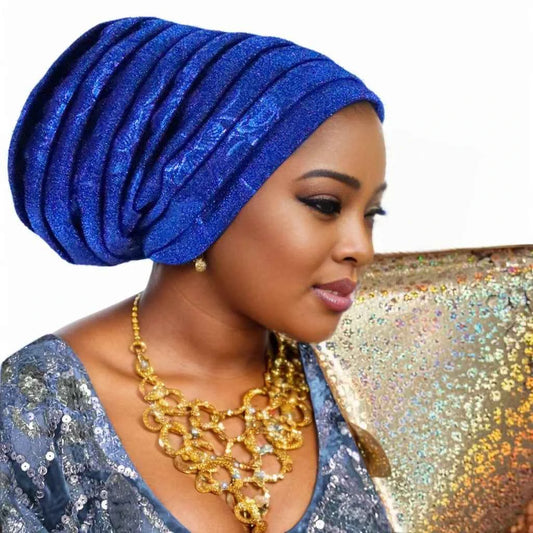 Glitter Full Body Pleated Turban Cap for Women 2025 Lady Head Wraps Muslim Headscarf Hat Turbante Mujer African Headpiece