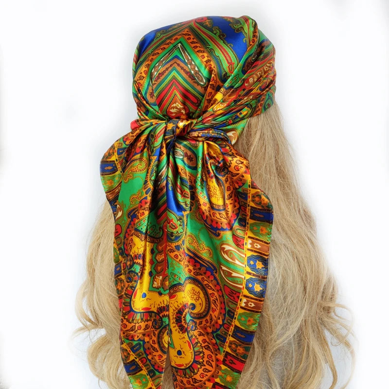 New 90*90cm Retro Brand Women Silk Scarf Bandanna Fashion Bohemian Pattern Square Hijab Lady Wrap Headband foulard muffler