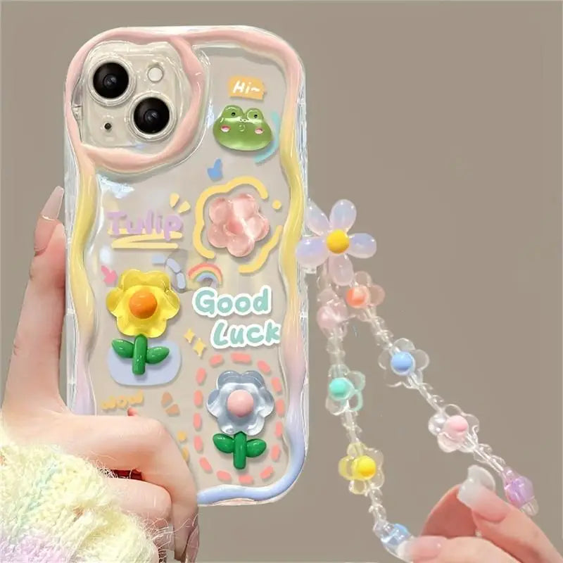 3D Cartoon Cute Flower Case For iPhone 16 15 14 Plus 13 12 Mini 11 Pro XR XS Max cover With Wrist Chain