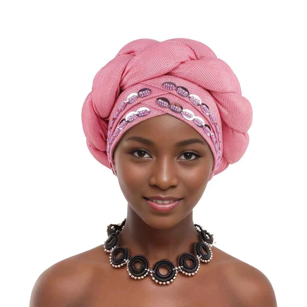 2025 Latest African Auto Gele Headtie Already Made Headties Shinning Turban Cap for Women Ready Nigerian Hijab Braid Head Wraps