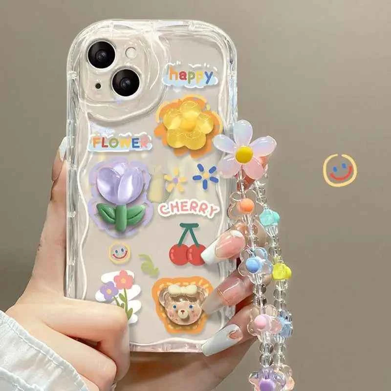 3D Cartoon Cute Flower Case For iPhone 16 15 14 Plus 13 12 Mini 11 Pro XR XS Max cover With Wrist Chain