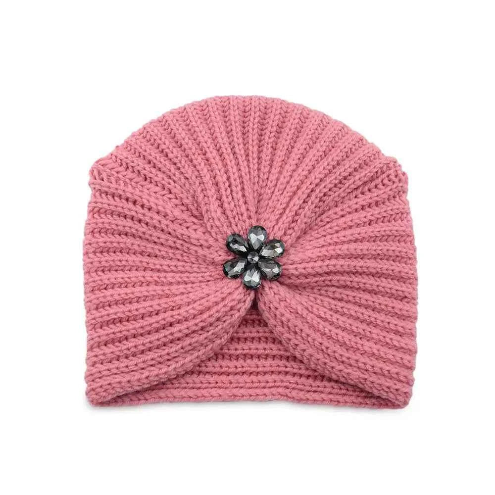 Fashion Winter Warm Hijab Caps Soft Thick Bohemia Turban Diamond Jewelry Wool Knitting Knitted Hats for Women