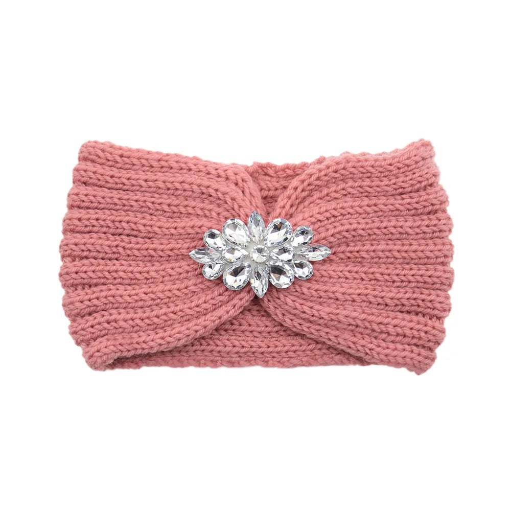 Elegant Women Rhinestone Knitted Hair Bands Ear Protection Headband Head Cover Face Washing Exercise Yoga Warm Wool Headwrap - NamafadStore