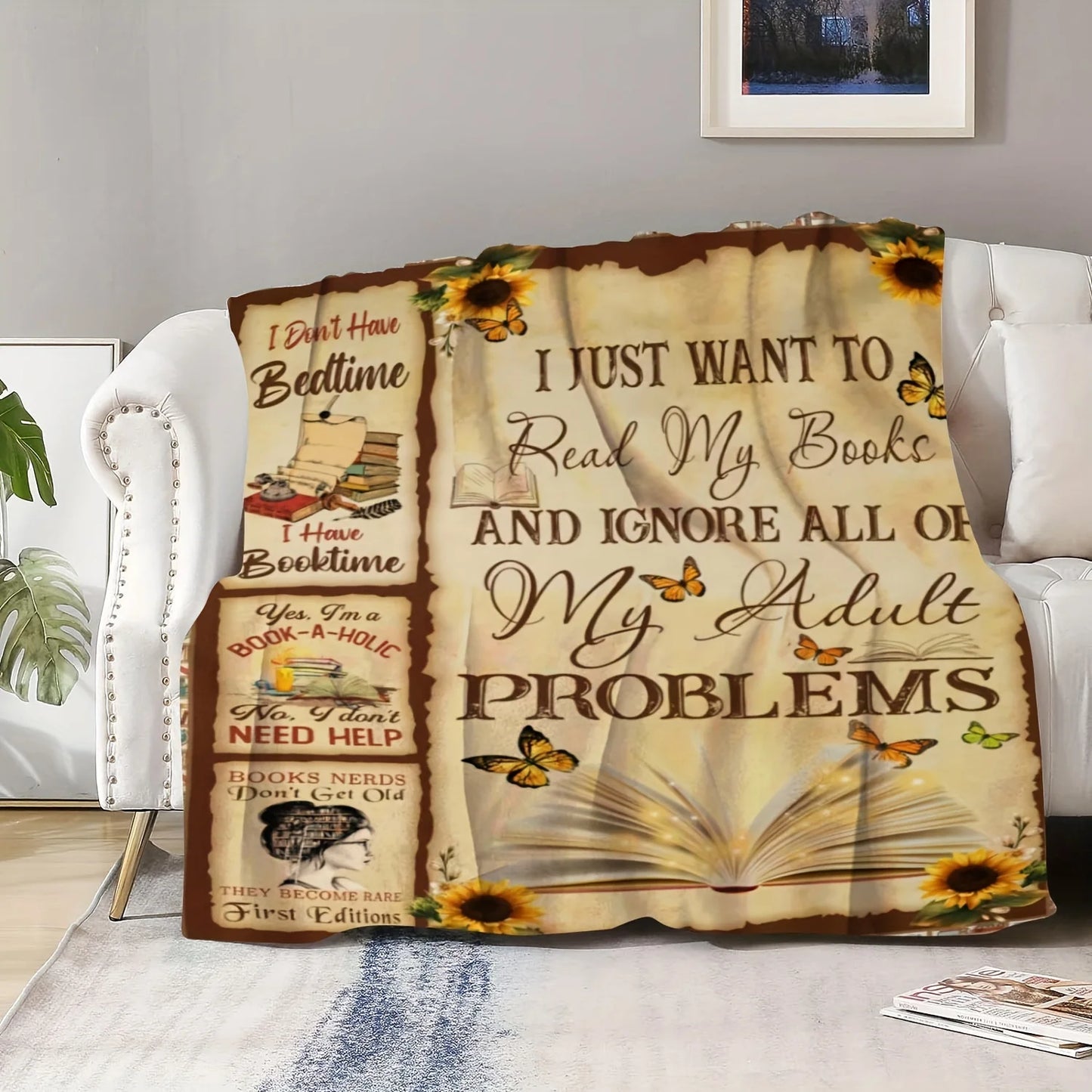 Vintage Bookworm Club Print Throw Blanket - Retro Reader Aesthetic Pattern Soft Lightweight Accent for Sofa Bed Travel Office