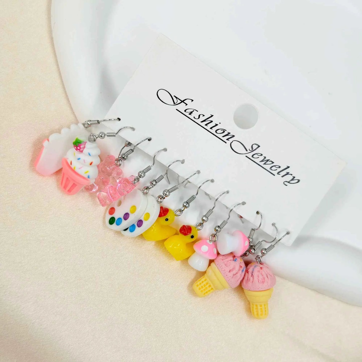 12pcs Little Bear Ice Cream Mushroom Palette Funny Food Stick Night Light Earrings Set