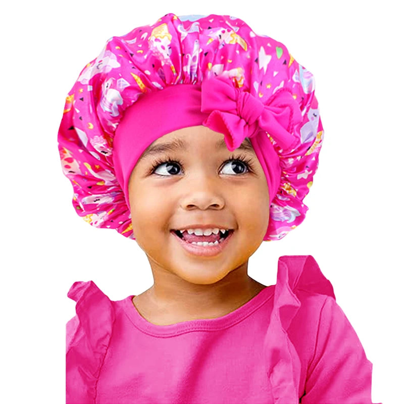 New Kids Unicorn Satin Bonnet Wide Elastic Band Ribbon Sleeping Cap Curly Natural Hair Child Night Caps Shower Cap Headscarf