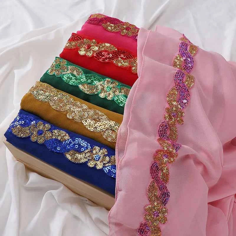 Chiffon Hijab Scarf Turban – Sequins Headwrap & Veil for Muslim Women, Fashionable Islamic Headband