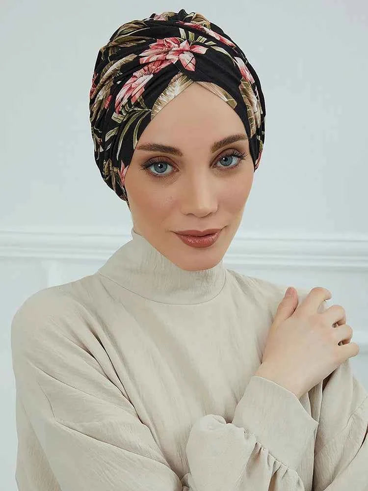 Floral Instant Muslim Turban Hijab for Women – Turkish Style Islamic Headwear Wrap Head Scarf Hair Accessories Hat
