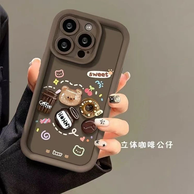 Cute 3D Bear Coffee Phone Case For Realme 14 Pro Plus 8 8i 9i 10 11 12 13 Pro 5G C21 C35 C75 C53 C67 C55 C63 C61 Matte TPU Cover