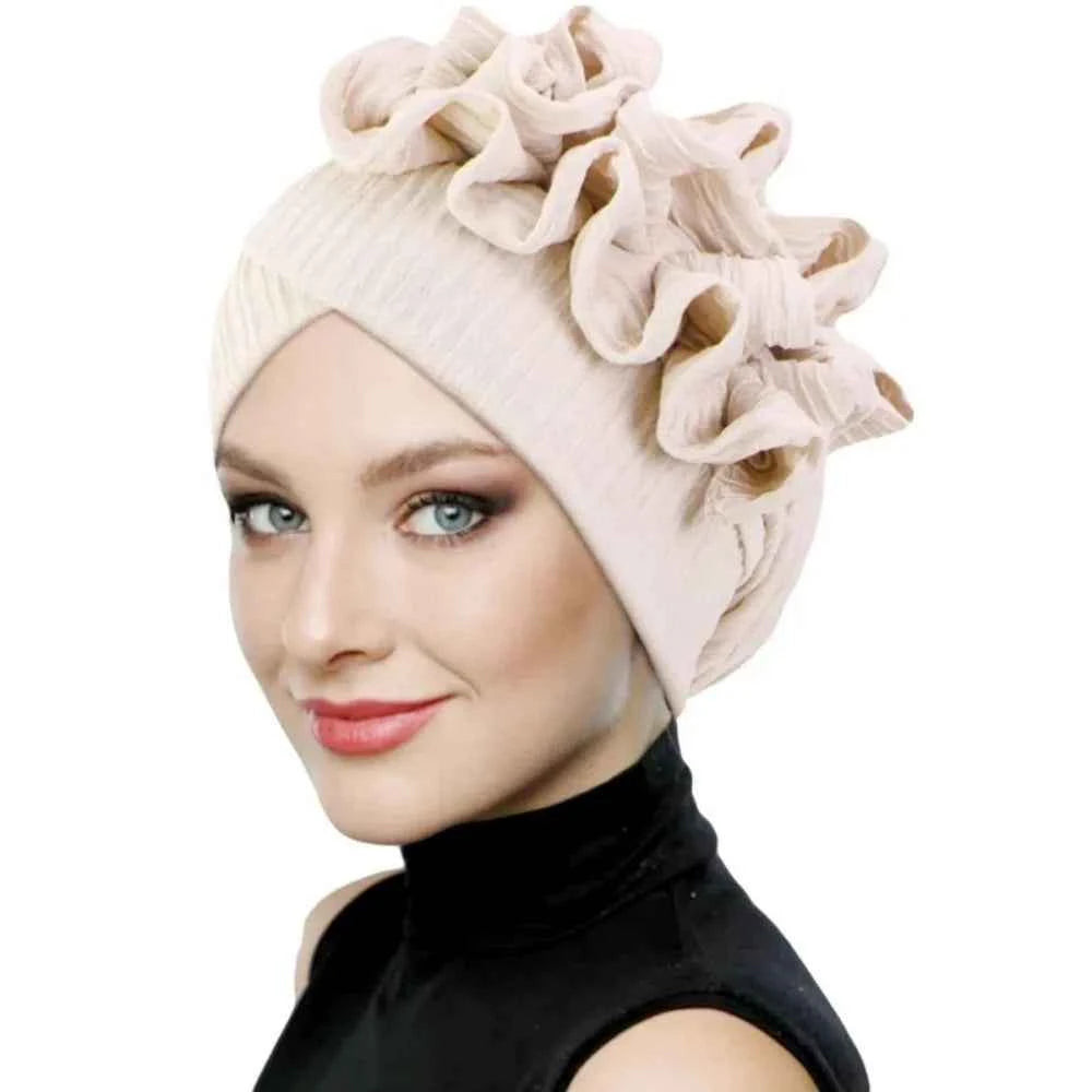 Elegant Elastic Flower Turban Hat Women Ruffle Flower Edge Pre Tied Bonnet Ramadan Chemo Cap For Wedding