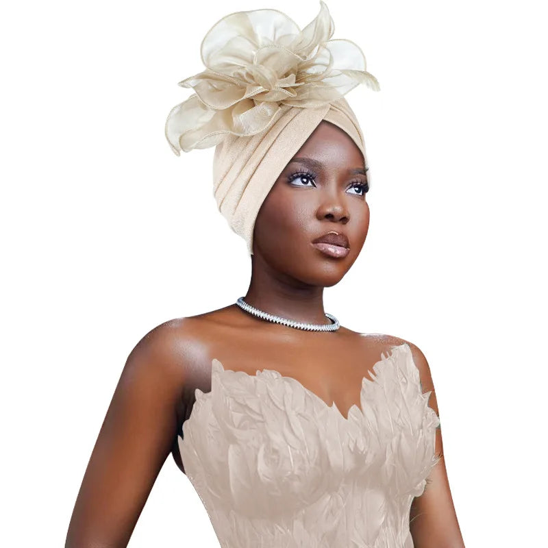 Trendy Crinkle Hijab Solid Color Muslim Ladies Turban Bonnet with Flower Decor for Ramadan and Everyday Wear