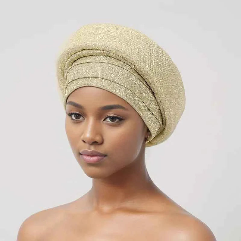 Glitter Fabric Turban Cap for Women African Pleated Head Wraps Nigeria Party Wedding Gele Lady Headscarf Bonnet