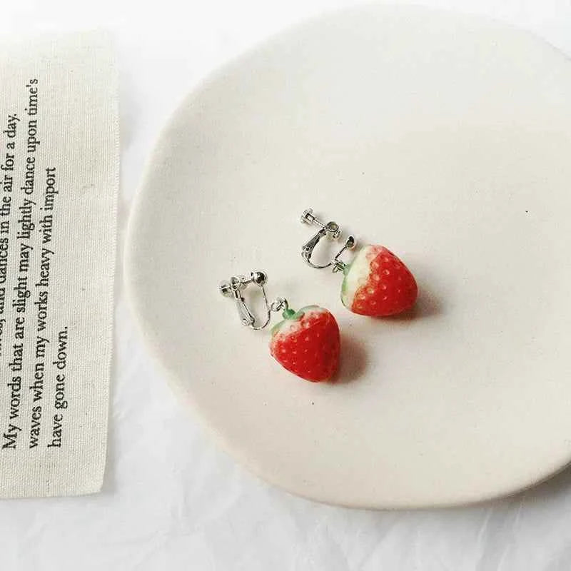 Non Pierced Ear Clips Japanese Green Grape Earrings Small Cute Transparent Fruit Cherry Clip on Earrings for Female Party Gifts