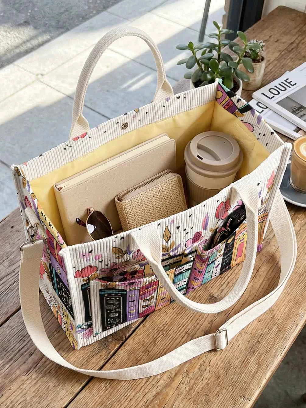 Colorful Books & Flowers Print Corduroy Tote Bag Large Capacity Multi Pocket Commuter Shoulder Bag