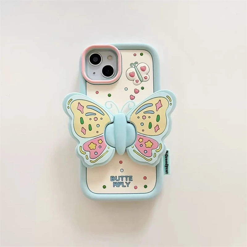 3D Butterfly Folding Stand Phone Holder Case For iPhone 16 15 14 13 12 Pro Max 11 8 7 6 Plus SE X XR Soft Silicone Cartoon Cover