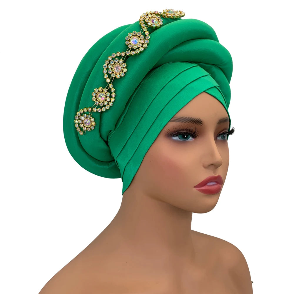 Twisted Braid Turban Cap for Women African Lady Head Wraps Diamonds Nigeria Raw Silk Autogele Headtie Muslim Hat Party Headwear - NamafadStore