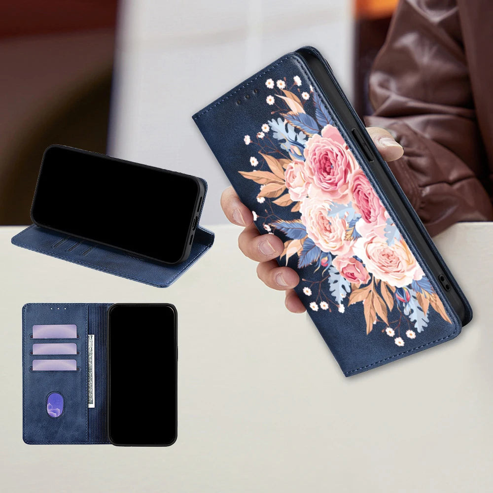 Flower Pattern Magnetic Leather Flip Wallet Case for iPhone 17 Pro Max 16 15 14 13 12 11 Pro Max 16 Plus Air Card Slots Holster