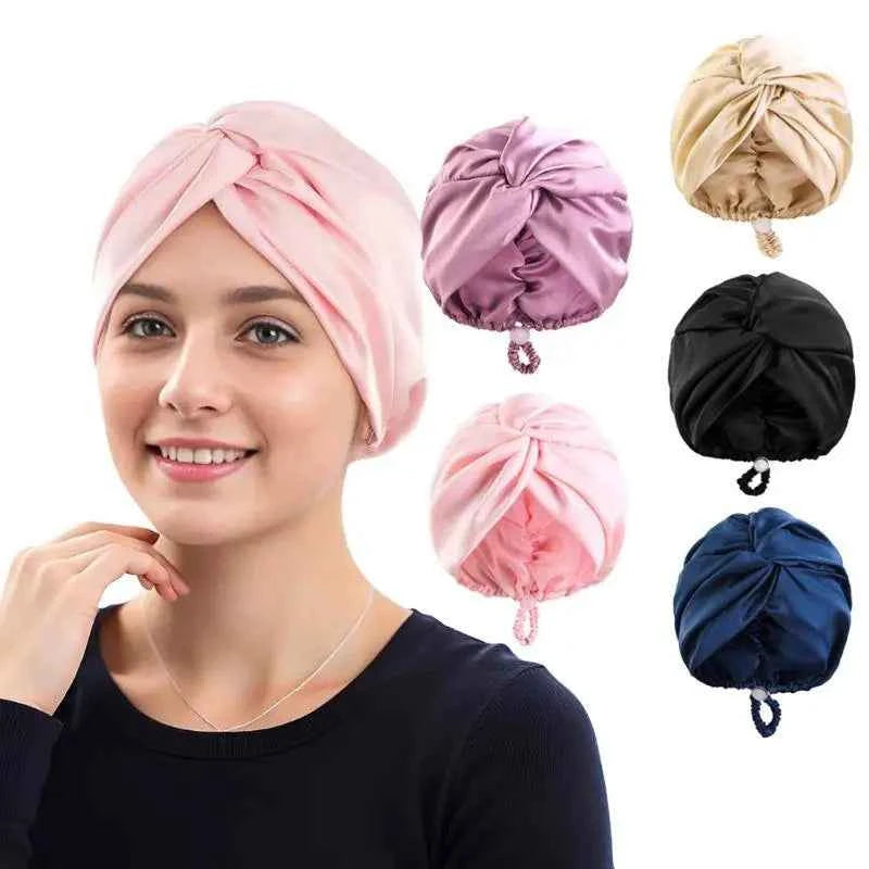 Hot Silk Turban Bonnets For Women Satin Bonnet Hat Double Layer Hair Wrap Adjustable Knotted Hat Care Turban Satin Sleep Hat