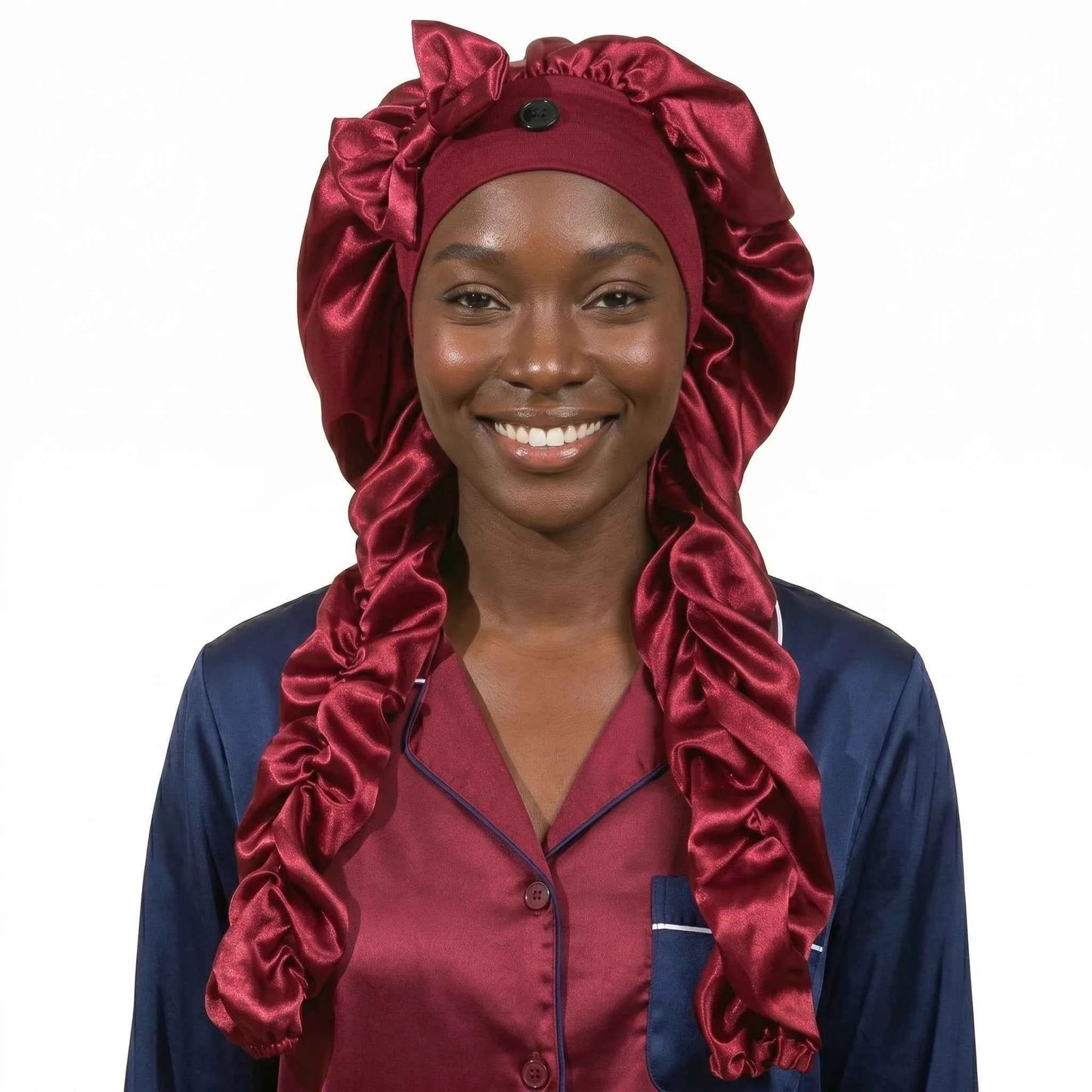 1pc Women's Satin Bow Long Braid Sleep Cap, Adjustable Snap Button Sleep Hat, Suitable for Curly Hair, Y Anti-Static Night Heads