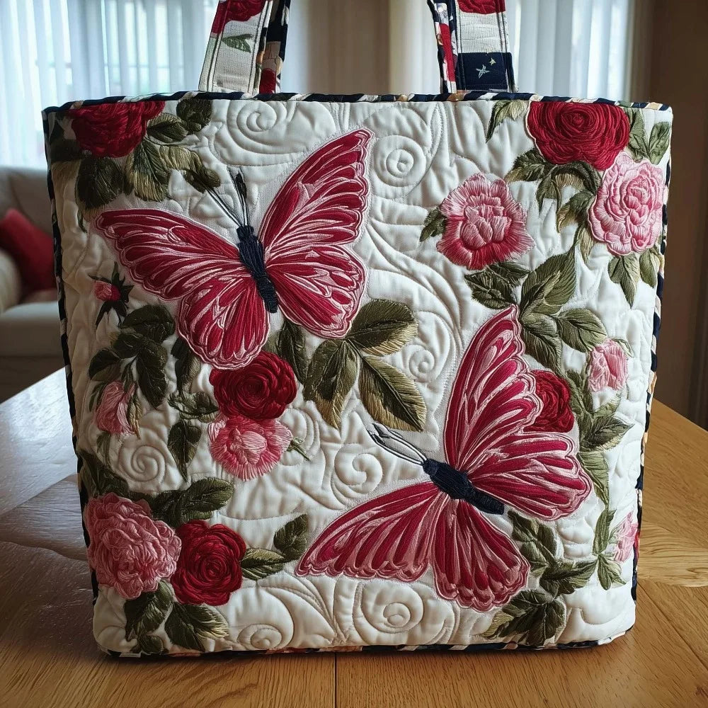 Butterfly Patterns Women Quilted Tote Bag 3D Printed Patterns Lightweight Canvas Shoulder Bag Cotton Vintage Shopping Bag