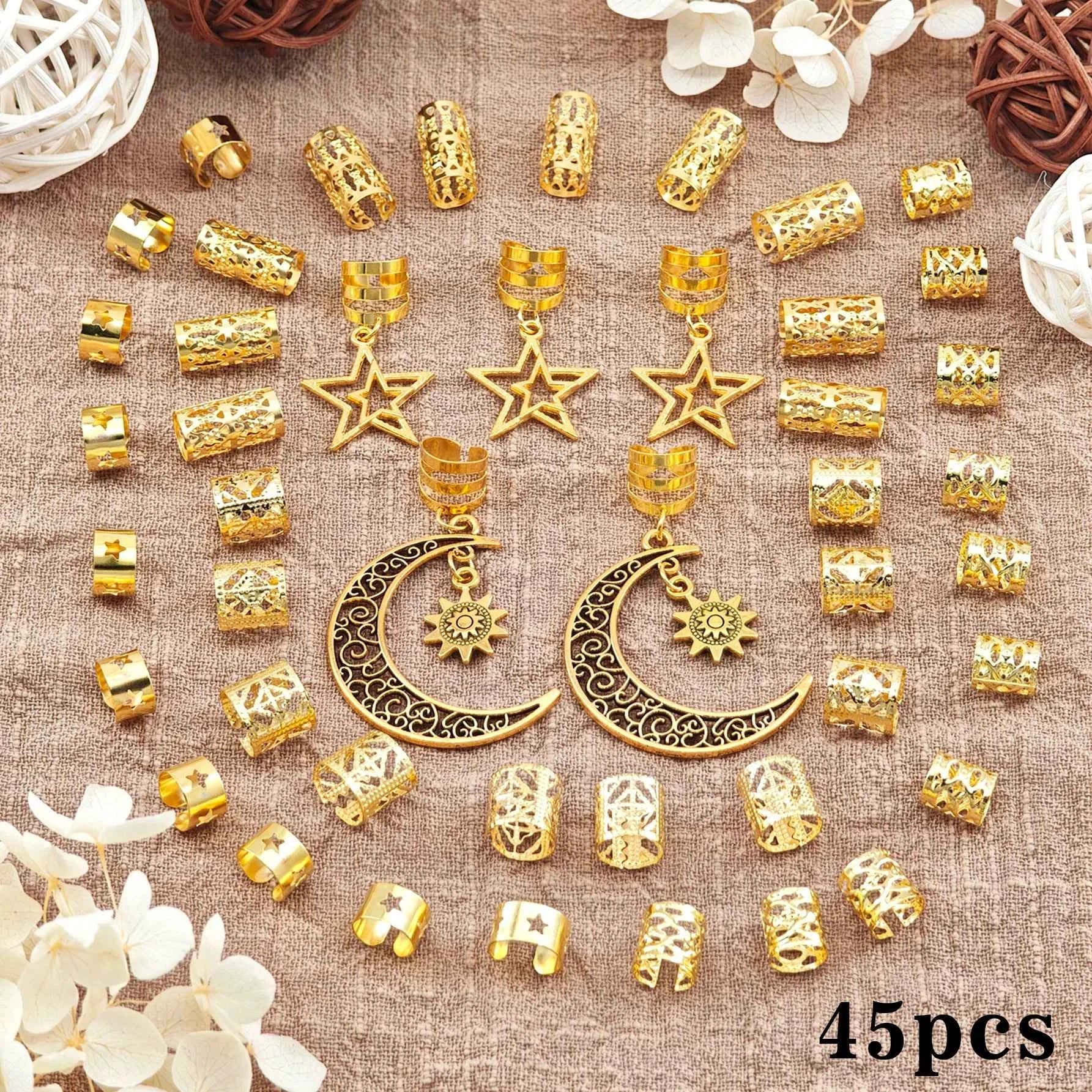 45pcs Women Dreadlock Bead Assortment Moon & Star Design Hair Accessories, Fashion Unique Hair Clip, School Stuff