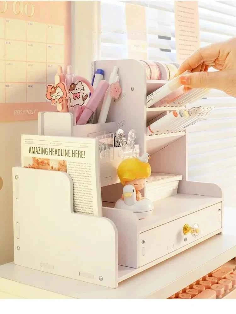 Mark Pen Pencil Holder Wooden Desk Organizers Shelves Accessories Desktop Stationery Organizer Bookshelf Home Office Storage Box