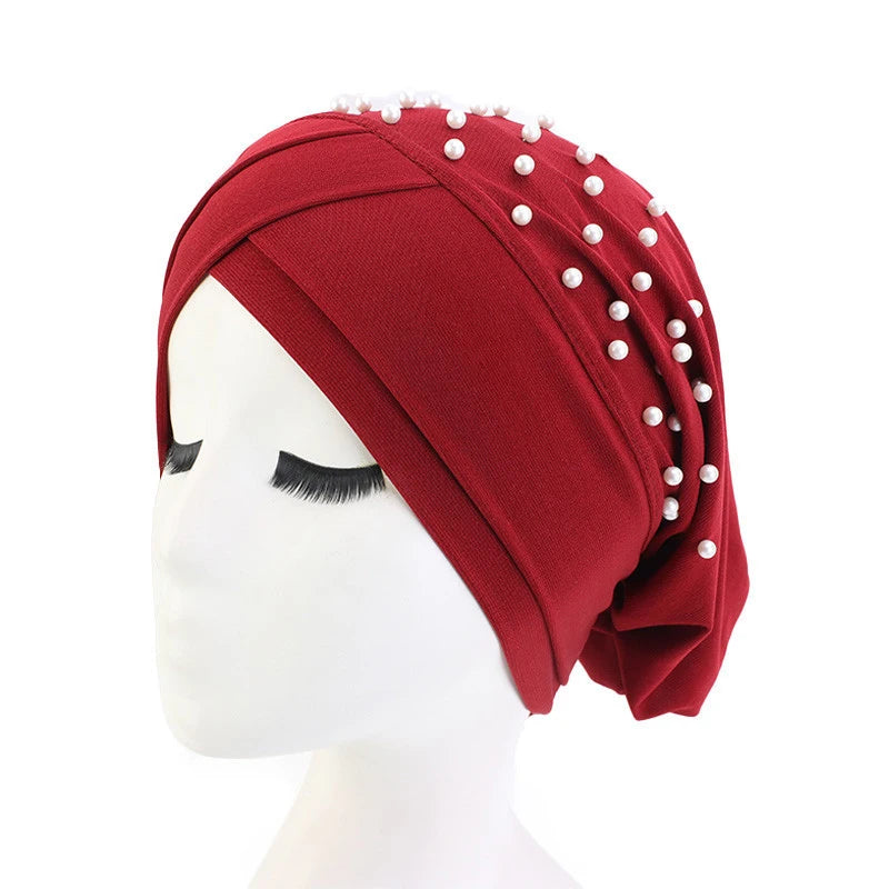 1PC Women Turban Hat Elastic Hijab with Beads Cancer Chemo Cap Head Wrap for Hair Loss