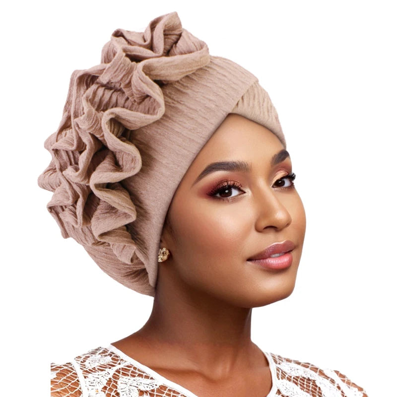 New Muslim Ruffle Flower Elegant Turban Hat for Women Bonnet Solid Hat Elastic Islam Beanies Hats Ramadan Chemo Cap - NamafadStore