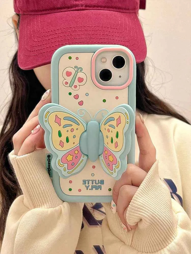 Ins Fashion Lovely Purple Butterfly Holder Stand Case For iPhone 17 15 14 13 16 Pro Max Soft Silicone Phone Cover