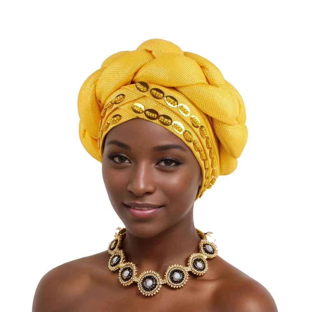 2025 Latest African Auto Gele Headtie Already Made Headties Shinning Turban Cap for Women Ready Nigerian Hijab Braid Head Wraps